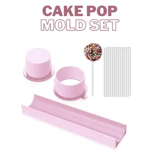Round Cake Pop Mold Set with 9 Inch Tray and Sticks, ABS Cake Pop Maker, Circle Cake Pop Cutter and Pusher, Baking Molds Kit for Parties, Wedding,Home Desserts Making - Pink
