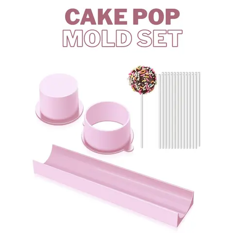 Round Cake Pop Mold Set with 9 Inch Tray and Sticks, ABS Cake Pop Maker, Circle Cake Pop Cutter and Pusher, Baking Molds Kit for Parties, Wedding,Home Desserts Making - Pink