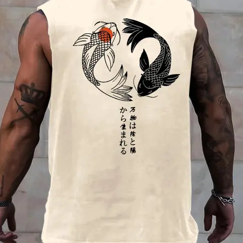 Men's Regular Fit Fish Print Round Neck Tank Top, Casual Printed Sleeveless Crew Neck Top for Summer, Fashion Men's Clothes for Daily Wear, Sleeveless Undershirts, Socks, Tank Tops Workout
