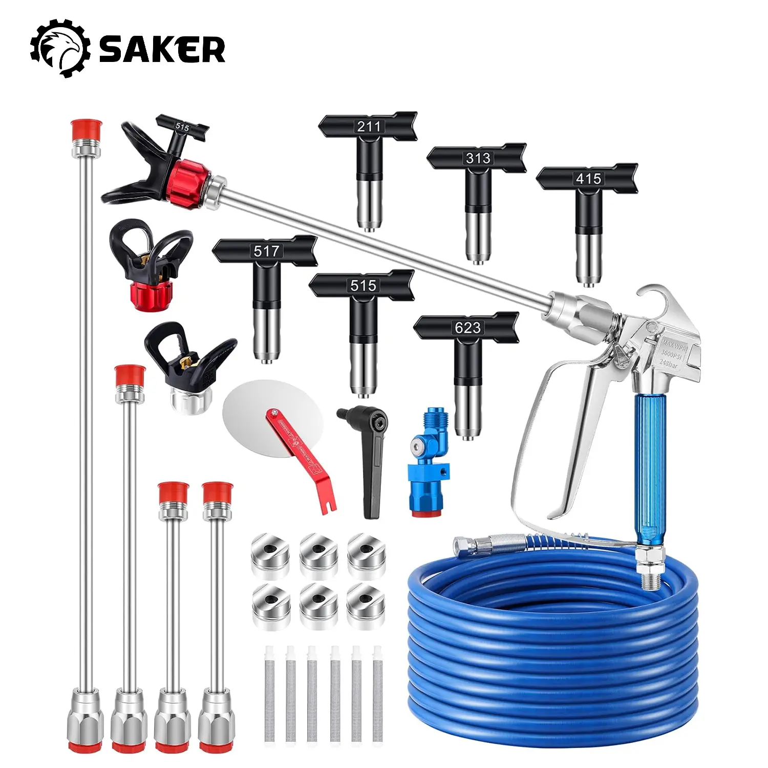 Saker 21Pcs Airless Paint Sprayer Gun Kit 3600PSI High Pressure Hose 50Ft 6 Reversible Tips 4 Extension Rods 6 Filters Guide Tool Nozzle Seat