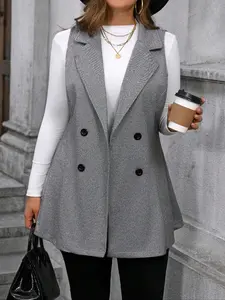 Elegant Fashion Plus Size Slim-Fitting Notched Neck Vest Top, Stylish Woven Outerwear for Spring & Fall, Perfect for Casual and Formal Occasions