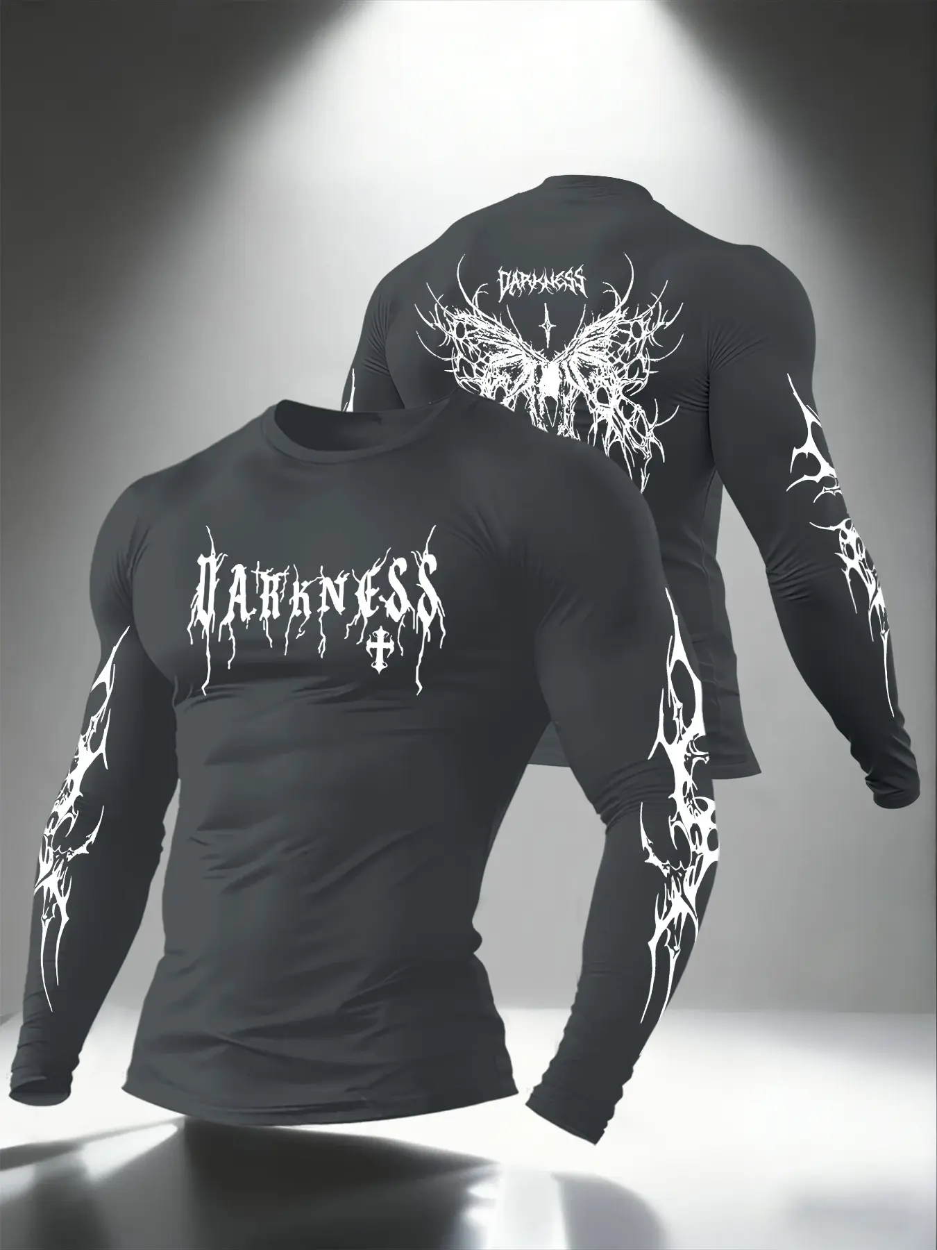 Men's Dark Letter Print Long Sleeve T-Shirt, Casual Fitted Round Neck, Gothic Street Style, Streetwear, All Seasons, Must-Have Fashion Piece