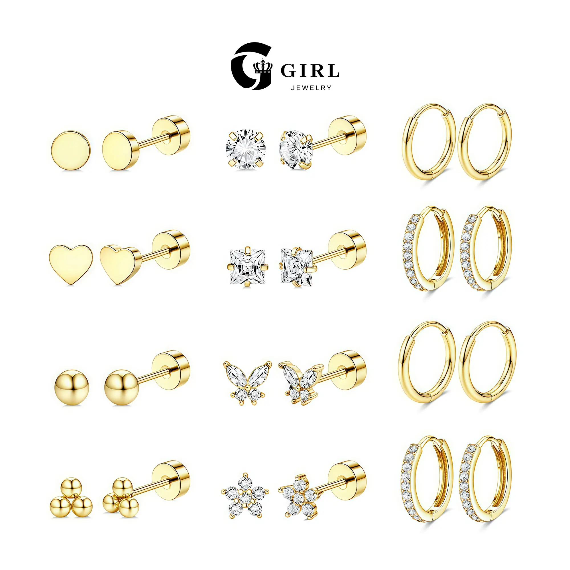 GGIRL 12 Pairs Earrings Set 18K Gold Plated Stainless Steel Multiple Piercing Sensitive Ears Hypoallergenic Small Cartilage Colorfast Environmentally Friendly with Cubic Zirconia Ears Versatile FashionJewelry Gift for Holiday Birthdays Anniversaries