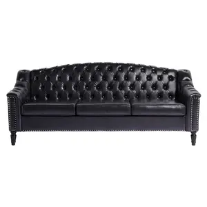 Giratree Furniture 80" PU Leather Chesterfield Sofa, Mid-Century Modern Tufted Couch with High Back and Solid Wood Legs, Upholstered Sleeper Settee for Living Room Office