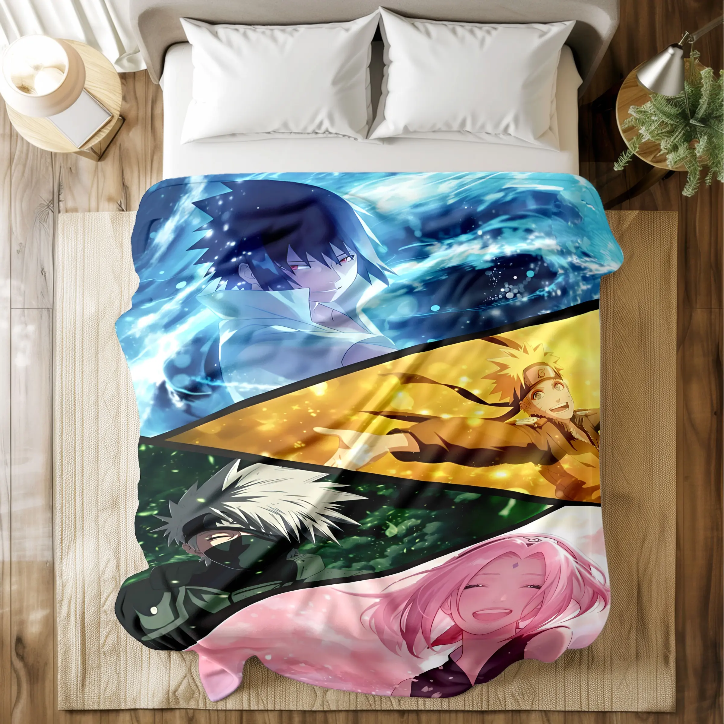 Naruto Printed Blanket with Vibrant Character Collage (Sasuke, Naruto, Kakashi, Sakura) - Super Soft & Skin - friendly, Long - Lasting & Quick - Drying, Machine Washable, Multi - Size for Bed, Sofa, Travel, Camping & Office Naps, Ideal Gift for Anime Fans