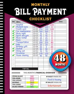 Monthly Bill Payment Checklist: Bill Tracker Notebook, The 4-Year Guide for Families & Money Managers, 960 Billing Records Included! Book.