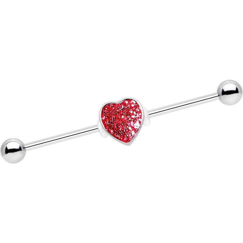 14G Red Glitter Heart Industrial Barbell 38mm