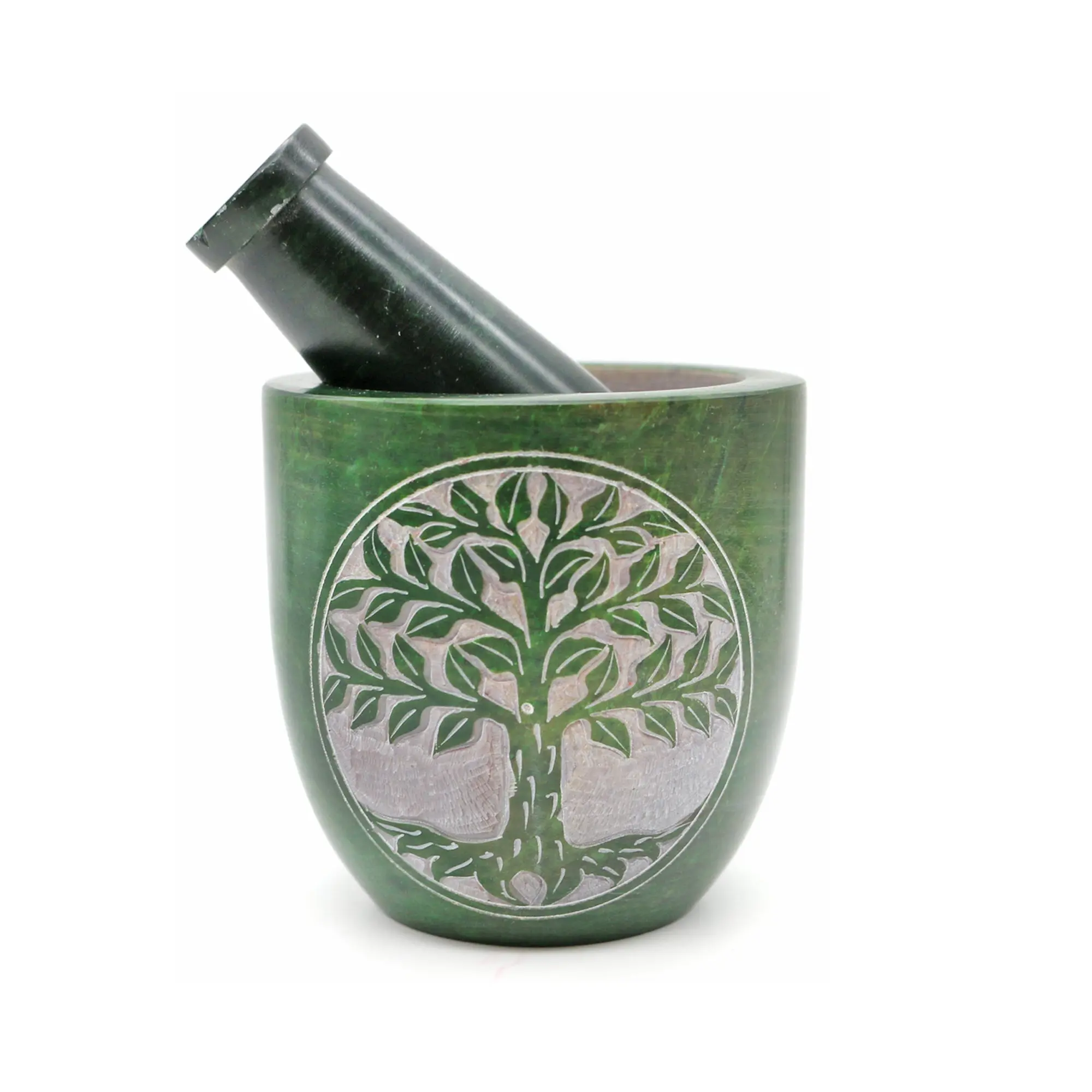 Green Tree of Life Soapstone Mortar and Pestle