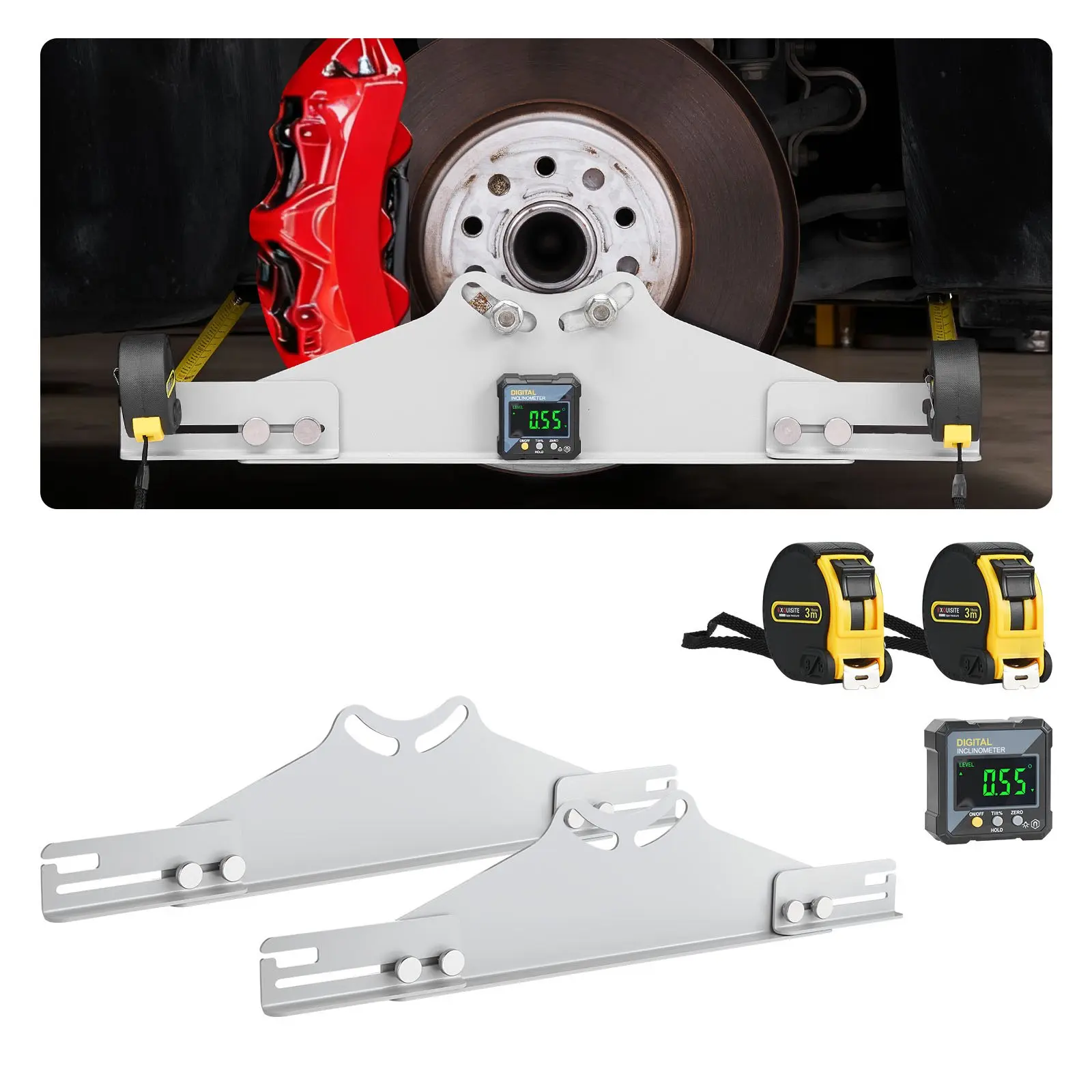 VEVOR Heavy-Duty Carbon Steel Wheel Alignment Tool Kit - 2 PCS Toe Camber Plates, Digital Gauge, High-Sensitivity Angle Finder, 2 Tape Measures (Inches), 1/16 in Accuracy for SUV, DIY Enthusiasts, Home Use