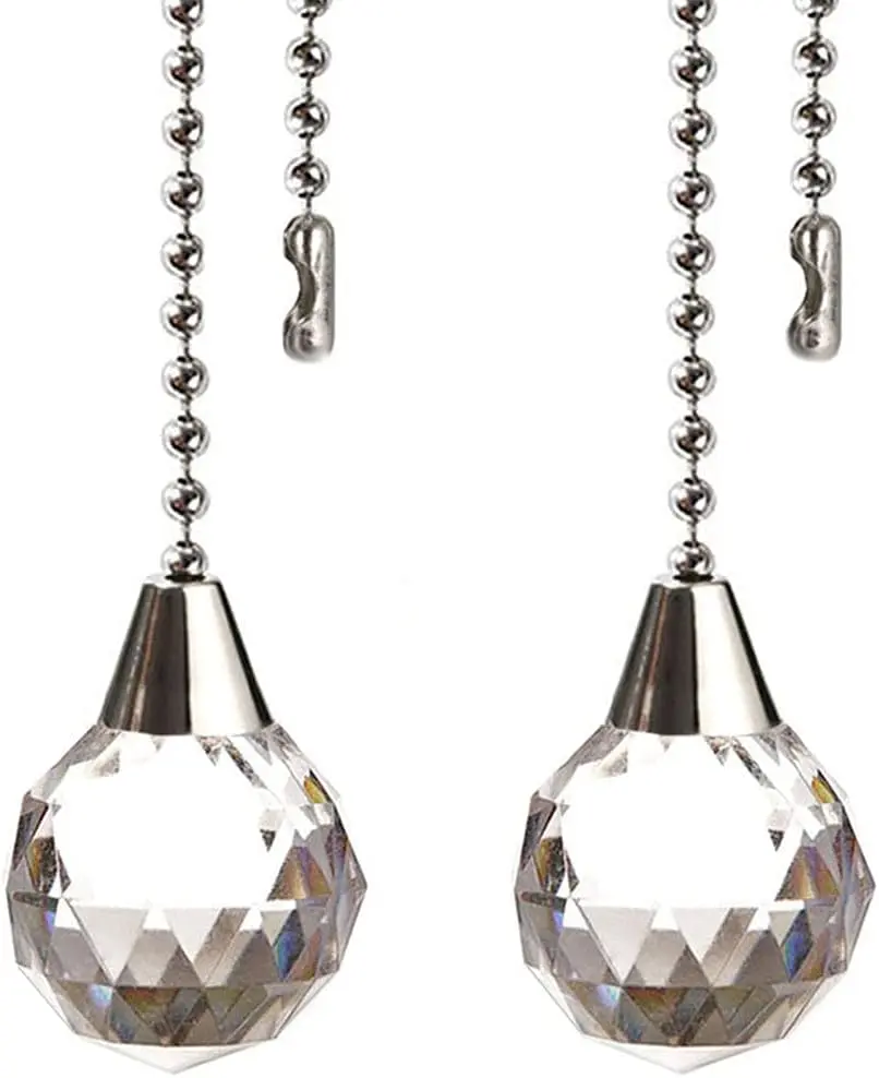 Akahttbn Ceiling Fan Pull Chain Decorative Extension 12 Inches Clear Prism Ball Fan Pulls Set for Ceiling Light Lamp Fan Chain Extender,2 Pcs (Nickel)