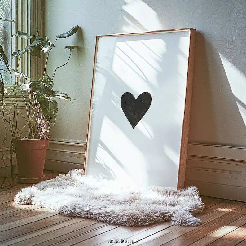 Minimal Heart Black and White Poster, Apartment Wall Decor, Minimalist Poster, Modern Room Decor