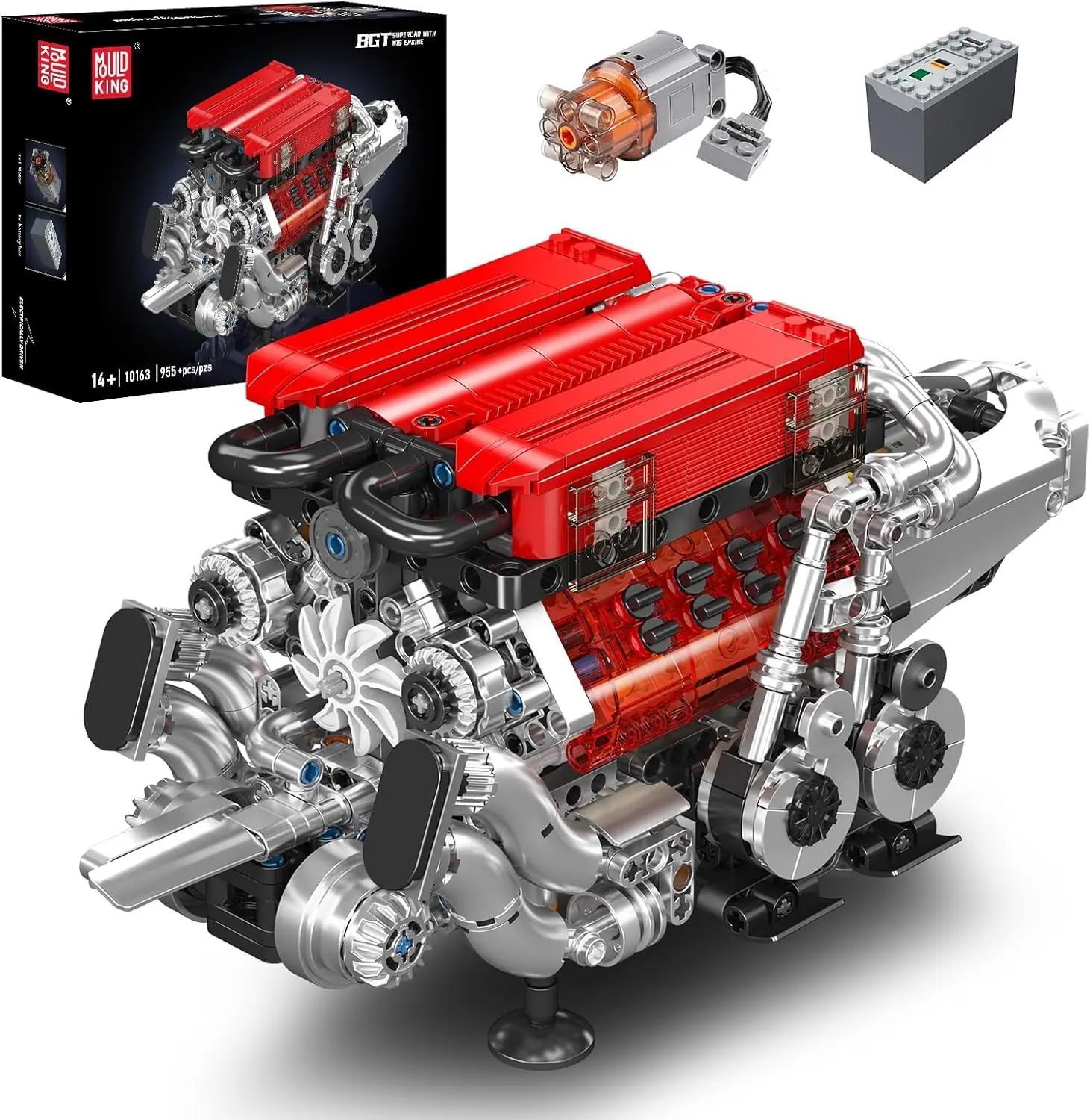 Mould King 10163 W16 Turbocharger Combustion Engine Building Blocks Set - 952 Pieces, Motorized Running Model Kit with Battery, STEM Bricks & Parts Toy, Unisex Chanukkah/Children's Day Gift for 12+