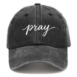 Retro 'Pray' Cursive Print Washed Black Cap | Christian Faith Aesthetic Adjustable Hat Christian Gift