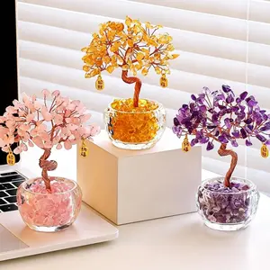 Hand Star Natural Crystal Tree Ornament - Tree-Shape Crystal Bead Art, 81 Pure Beads, 10x6x13cm, Pink/Yellow/Purple, Anti-Oxidation, Fade-Resistant, Bold Sparkle, Premium Texture, Positive Energy Accent, Study Table Accessory, Whimsical Home Decor