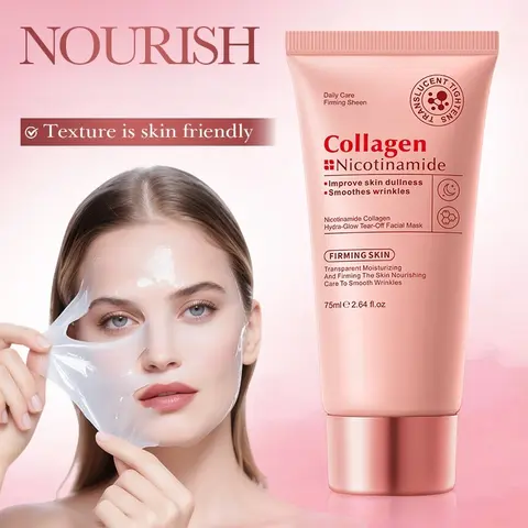 Gentle Collagen Peel-Off Liquid Facial Mask with Hyaluronic Acid, Niacinamide, Peptides - 75 mL Brightening Radiant Daily Self Care Product for Hydrating, Plumping Skin, Fresh Complexion