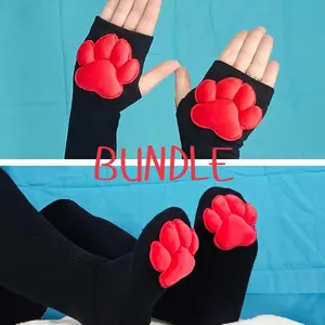 BUNDLE - Red Stuffed Plush Paw Pads on Black Thigh High Stockings Gloves