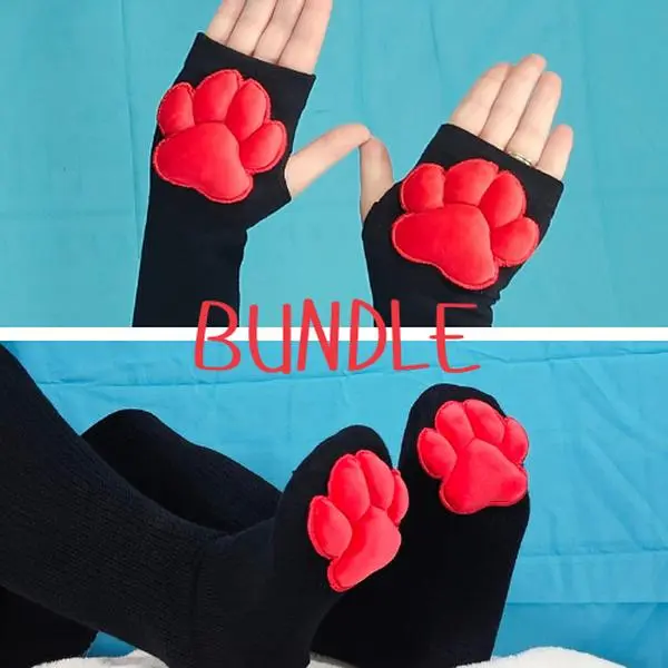 Black Thigh High Cat Paw Socks & Glove Set– Red Plush Paw Pads
