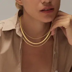 KOPERIN Layered Necklaces for Women, 3 Piece Minimalist Curb, Paperclip and Herringbone Chain Set, Adjustable, Trendy for Everyday Wear, Jewelry Gift for Her