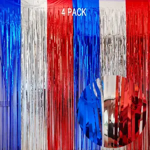 EUFARS 4th of July Decorations- 4 Pack of 3.2x8.2ft Red Silver Blue Tinsel Foil Fringe Curtains for Patriotic Party Memorial Day Independence Day Party Backdrop