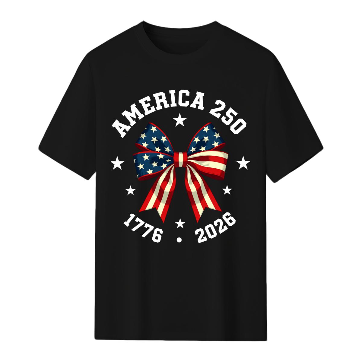 America 250 Stars And Stripes Bow Print T Shirt White Crew Neck Casual Top For Independence Day Celebration,4th of July Women Streetwear Top