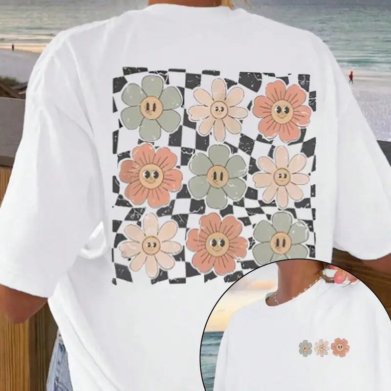 Women's Cartoon Floral Graphic Print Drop Shoulder Tee, Graphic Tees, Casual Chic Top Half Sleeve Round Neck T-shirt for Daily Wear, Summer Ladies Clothes for All Seasons, Womenswear