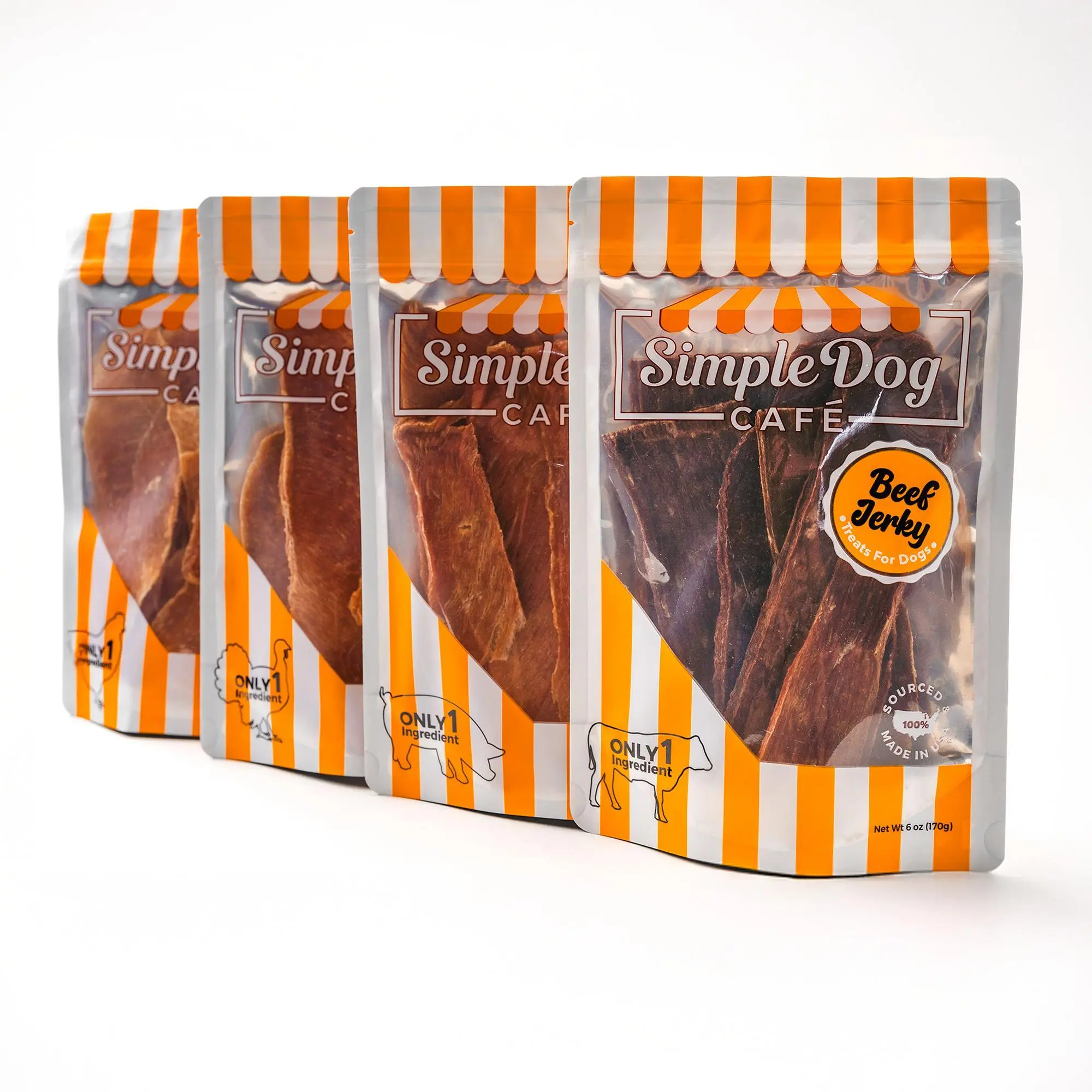 4 Bag Jerky Box for Dogs - Single Ingredient Each, 100% USA Made Chicken, Beef, Pork or Turkey Jerky, All-Natural, Human-Grade Healthy Snack, Includes (4) 6oz Bags, good for all breeds, picky/allergic dogs favorite Treat, Only at Simple Dog Café