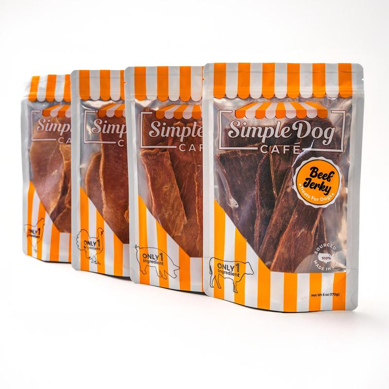 4 Bag Jerky Box for Dogs - Single Ingredient Each, 100% USA Made Chicken, Beef, Pork or Turkey Jerky, All-Natural, Human-Grade Healthy Snack, Includes (4) 6oz Bags, good for all breeds, picky/allergic dogs favorite Treat, Only at Simple Dog Café