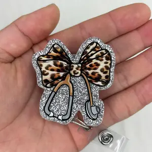 Funny Stethoscope Leopard Bow Badge Reel Retractable for Nurse Nursing RN CNA LPN & Medical Assistant, Glitter Cheetah Print Bow ID Badge Holder with Alligator Clip