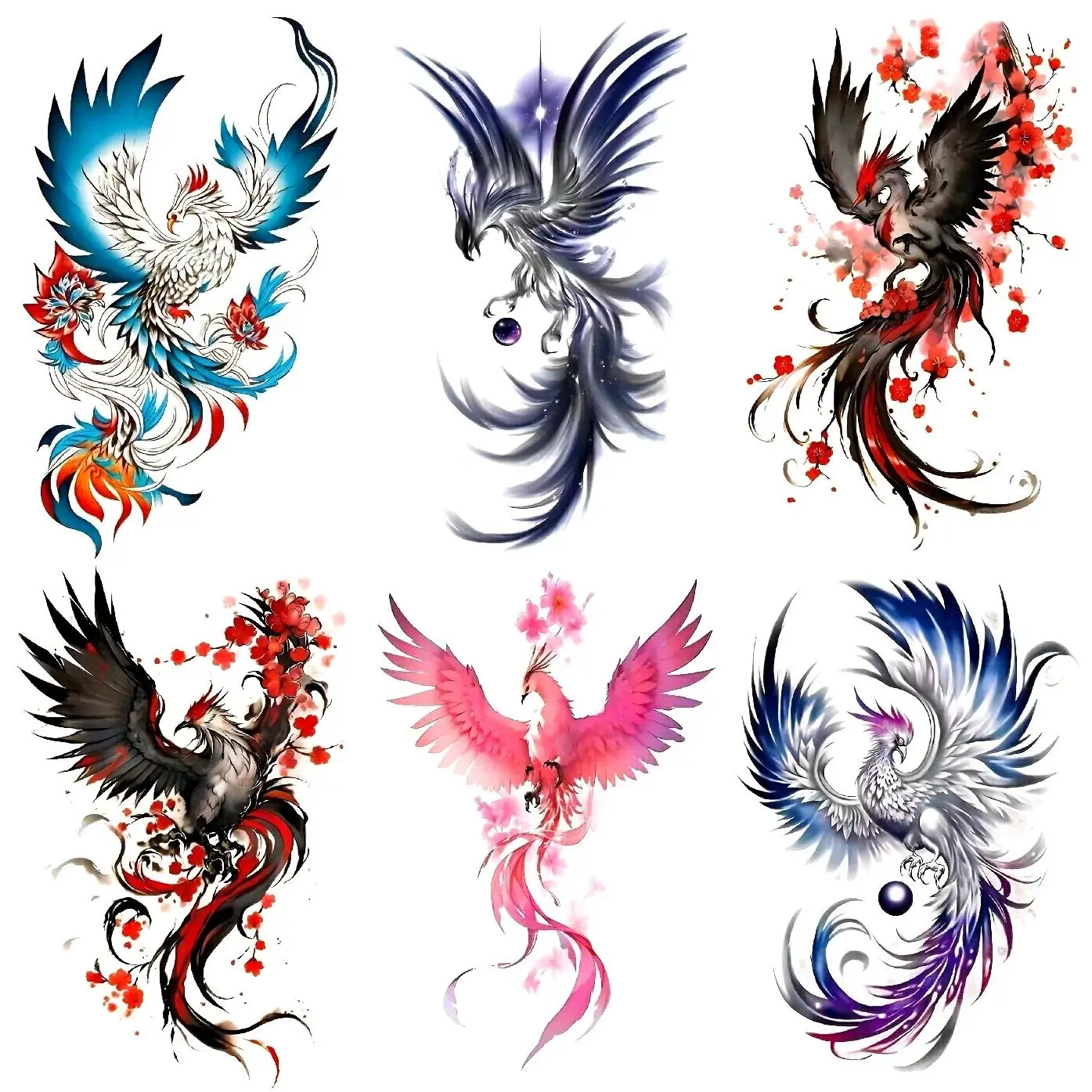 Phoenix Pattern Bold Phoenix Motif Temporary Tattoo Sticker, Peel Off Tattoo, 6pcs Waterproof Surface Temporary Fake Tattoos, Body Art Decals for Women & Men, Temporary Tattoos Stickers