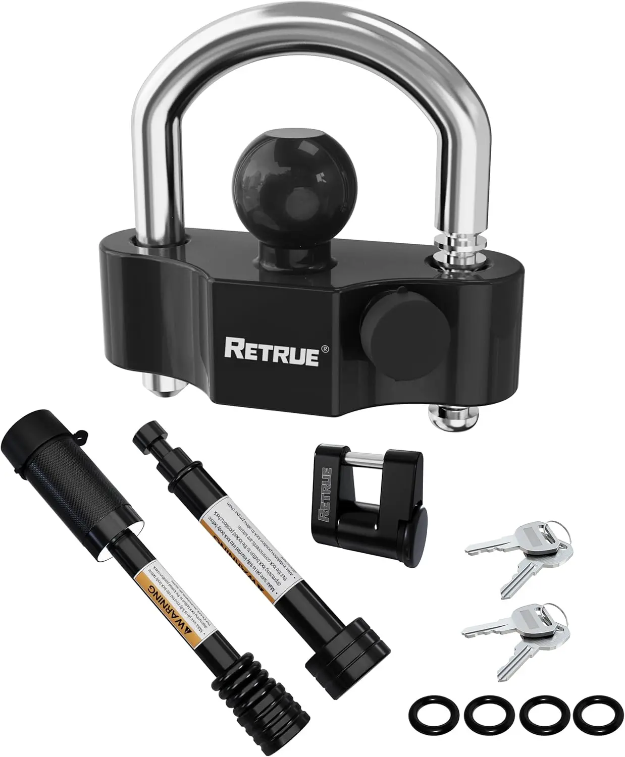 RETRUE Heavy-Duty Keyed-Alike Steel Alloy Trailer Lock Set - Adjustable Size, Universal Fit Coupler, Dual Hitch Receiver Pin (Includes Pins), and Trailer Tongue Locks, Black, Security Lock, Weatherproof