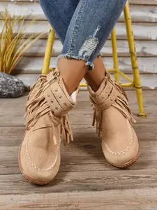 Women's Vintage Fabric Ankle Boots with Tassel Decor, Adjustable Buckle Round Toe Short Booties, Square Heel for Fall Winter Street Style