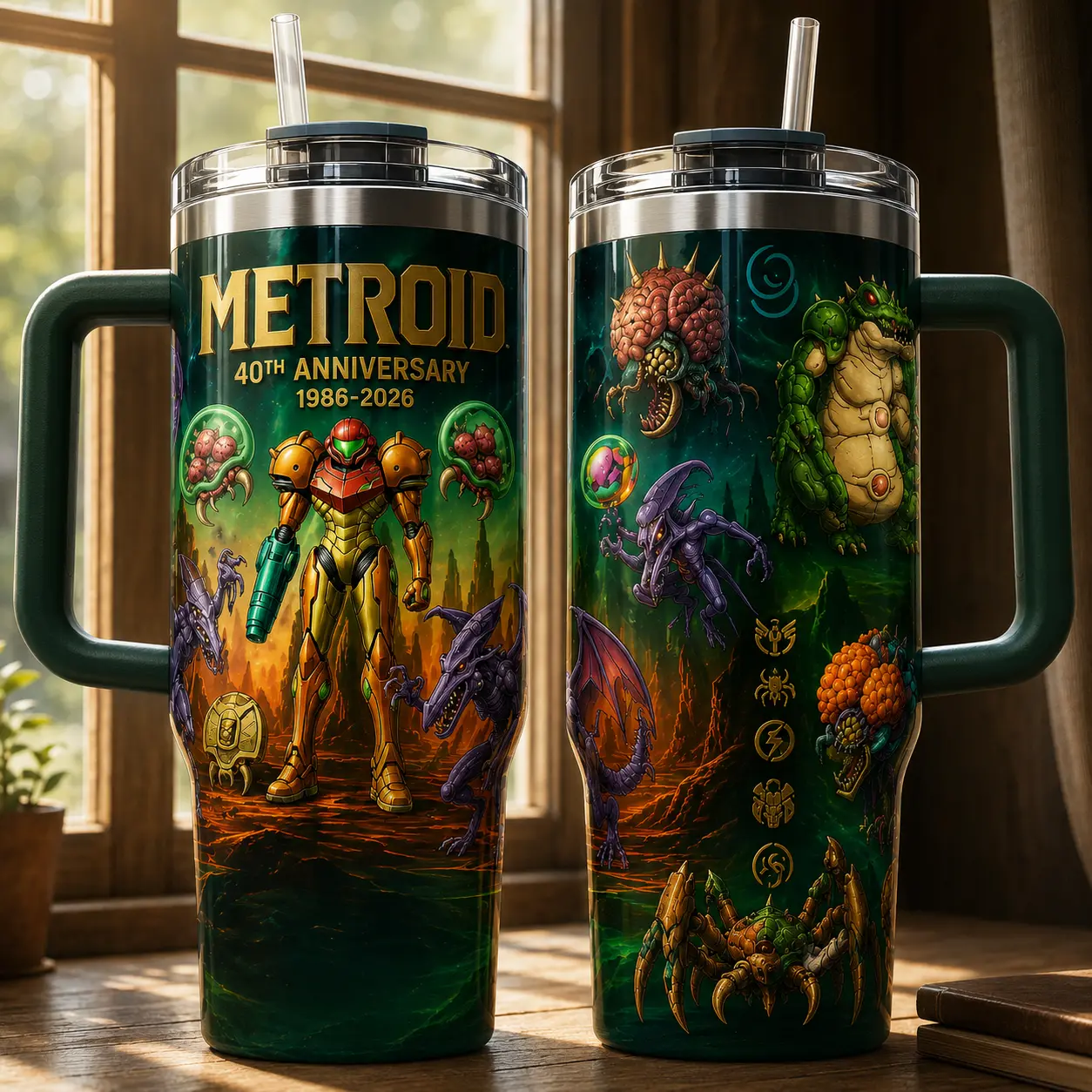 Metroid 40th Anniversary 1986-2026 Tumbler with Handle and Straw | Samus Aran Stainless Steel Insulated Travel Mug | Gamer Gift