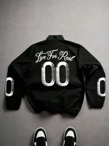 American Vintage Racing Style Stand Collar Jacket, Live For Real Letter + 00 Number Print, Unisex, Perfect for Streetwear, Daily Outings & Motorcycle Styling