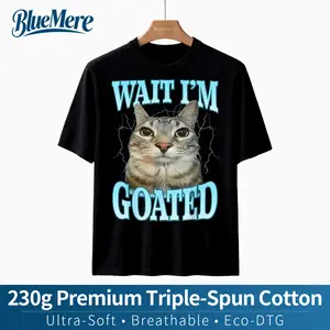【BlueMere】230G Heavyweight Pure Cotton Funny Cat Meme T-Shirt - 'Wait I'm Goated' Silly Saying Graphic Tee - 100%Cotton Crewneck Short Sleeve