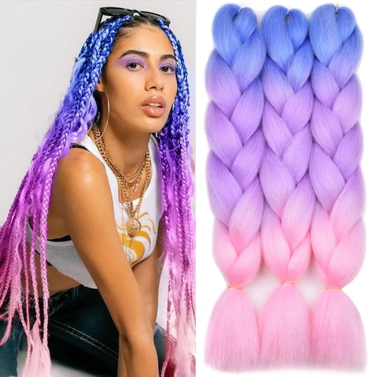 Pink Ombre Braiding Hair Extensions 3Pcs Jumbo Braiding Hair for Box Braids 24inch Blue/Purple/Pink