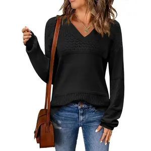 Womens 2026 Fall Sweaters Casual Long Sleeve Ribbed Knit Pullover V Neck Lightweight Crochet Pullover Sweater Top