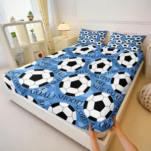 Blue Goal Celebration Bedding Set, Soccer Ball Fitted Sheet Set with Goal! Score! Champion! Text, Ideal Gift for Boys & Soccer Enthusiasts