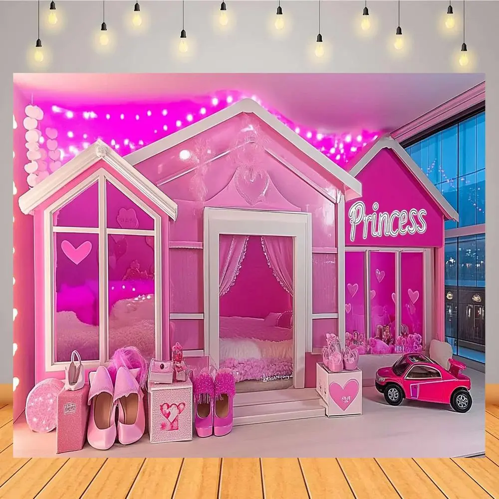 1pc Soft Fabric Princess Theme 2D Flat Panel Girls' Birthday Backdrop - Indoor, Long-Lasting Textile Photo Banner with Pastel & White Balloons, Castle Hearts, Window Panels, Throne Chair Design for Princess Party Decor, Glam