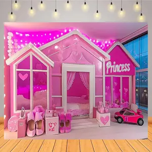 1pc 2D Flat Girls Princess Birthday Backdrop with Pastel & White Balloons, Castle Cutouts - Princess Party Decorations with Heart Cutouts, Window Panels & Throne Chair Design - Durable for Photo Banners