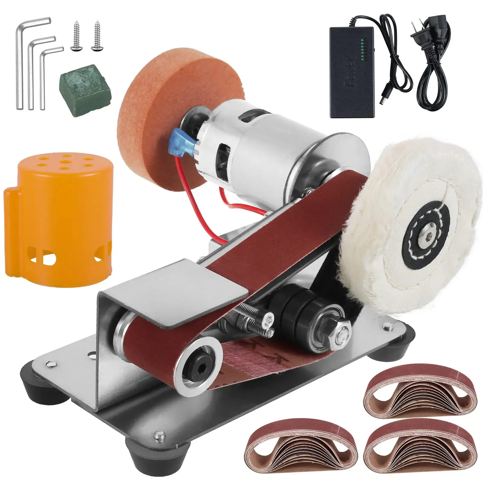 Mini Belt Sander Multi-Functional Electric Belt Sander 7-Speed Adjustable Electric Polisher Heavy-Duty Stainless Steel Small Electric Belt Sander with 30 Sanding Belts for Metal Grinding