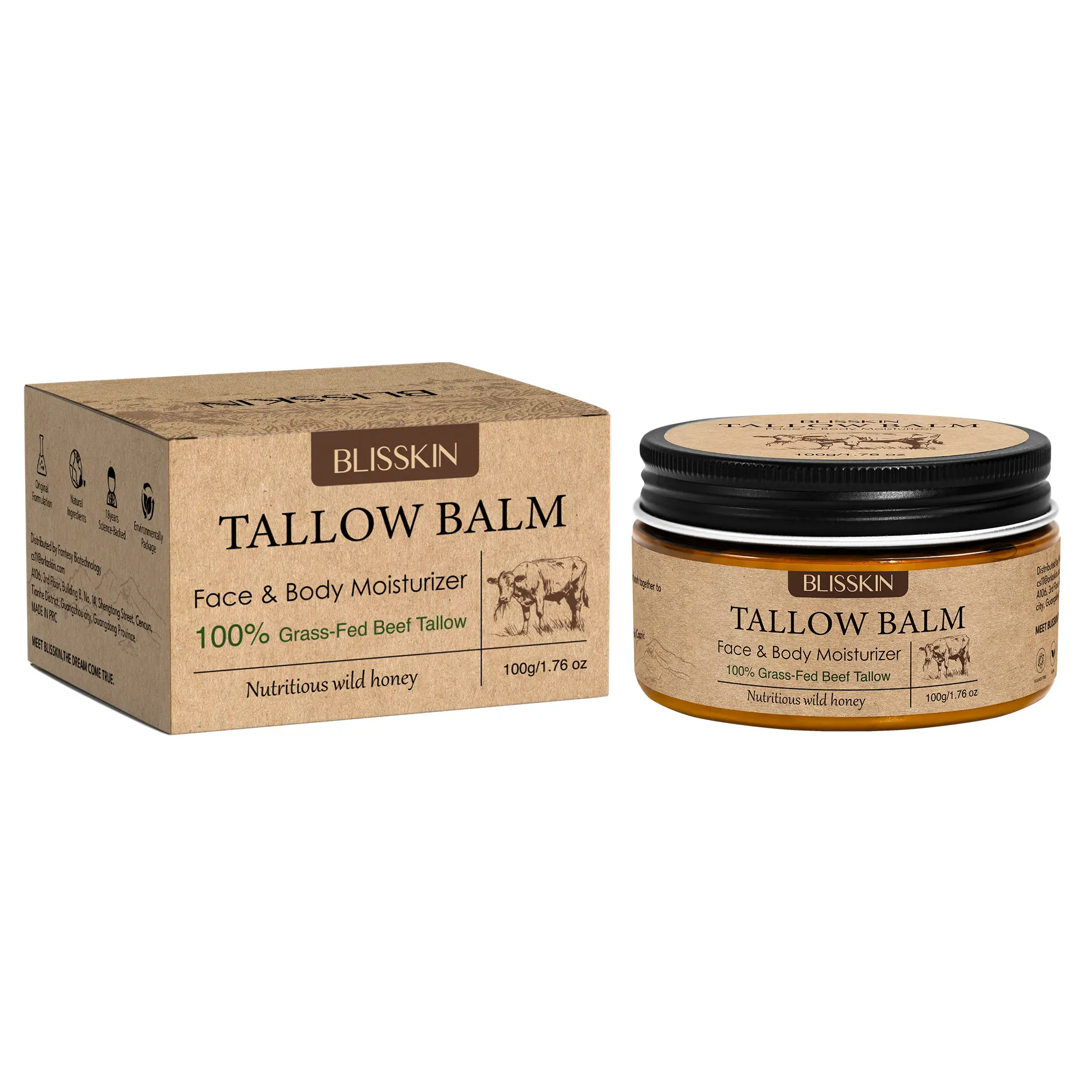 Blisskin 100% Grass-Fed Beef Tallow Balm - Edible-Grade Organic Body Moisturizer, Whipped Tallow & Honey, Deeply Nourishes & Hydrates, Skin Barrier Repair, Vitamins A,D,E,K, All-In-One For All Skin Types