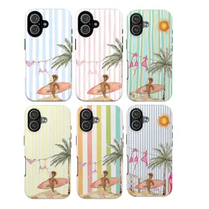 Whimsical Curious George Monkey Phone Case, Cute Bikini Beachcore iPhone Cover, Coastal Surfboard Pastel Stripe Protective Case for iPhone 17 16 15 14 13 12 11 Series, Fun Tropical Summer Accessory