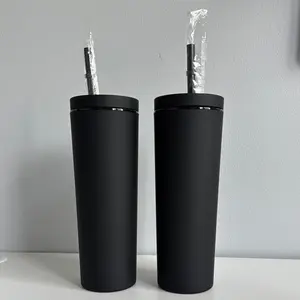 2 Pack Maars Skinny Acrylic Tumbler with Lid and Straw | 18oz Premium Insulated Double Wall Plastic Reusable Cups - Matte Black