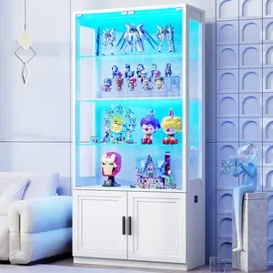 MIIFUNY 67" Display Cabinet with Glass Doors, 4-Tier Curio Cabinet with 2 Removable Glass Shelves, Display Case with Storage Cabinet for Collectibles,White