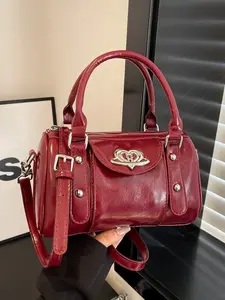 French Vintage Handbag, Women's New Heart Pattern, Spring Autumn Shoulder Crossbody Bag, High-End Boston Pillow Bag