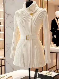 Elegant High-Neck Cardigan for Women - Chic Long Sleeve Sweater with Belt, Butto