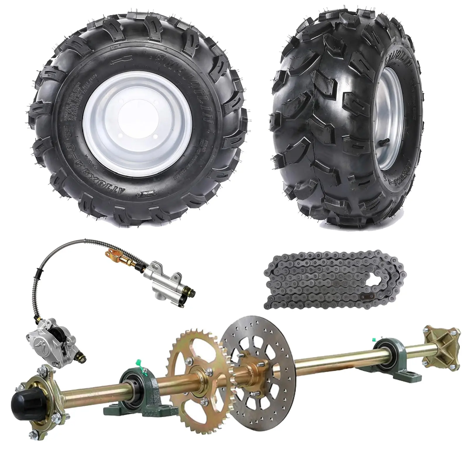 18x9.50-8 18x9.5x8 ATV Tires and Wheels Complete Kit, 530 120 Links Chain, Brake Caliper for UTV ATV Golf Cart 4 Wheelers Buggy Quad Moped Lawn Mower Tricycle