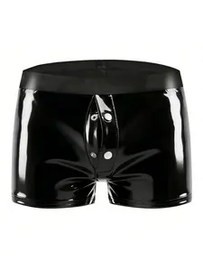 Men's Smooth Leather No-Back Briefs, Sexy Button Fly Open Crotch Underwear, Elastic Waist Low Rise Padded Panties