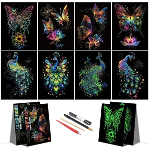 Scratch Paper Art for Adults-Glow in The Dark Scratch Painting Craft Kit (8 Sheets A4)|Foil Engraving Art Set|   for Craft Lovers|Creative Scratch Art  Decor(Butterfly&Peacock)?