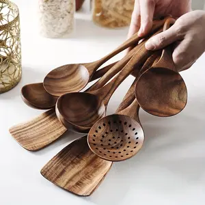 Wooden Spoon Set, 7 Counts/set Natural Non-stick Wooden Spoon, Kitchen Utensils Set, Cooking Utensils Set, Kitchen Accessories, Wooden Cooking Tools, Spoons Set